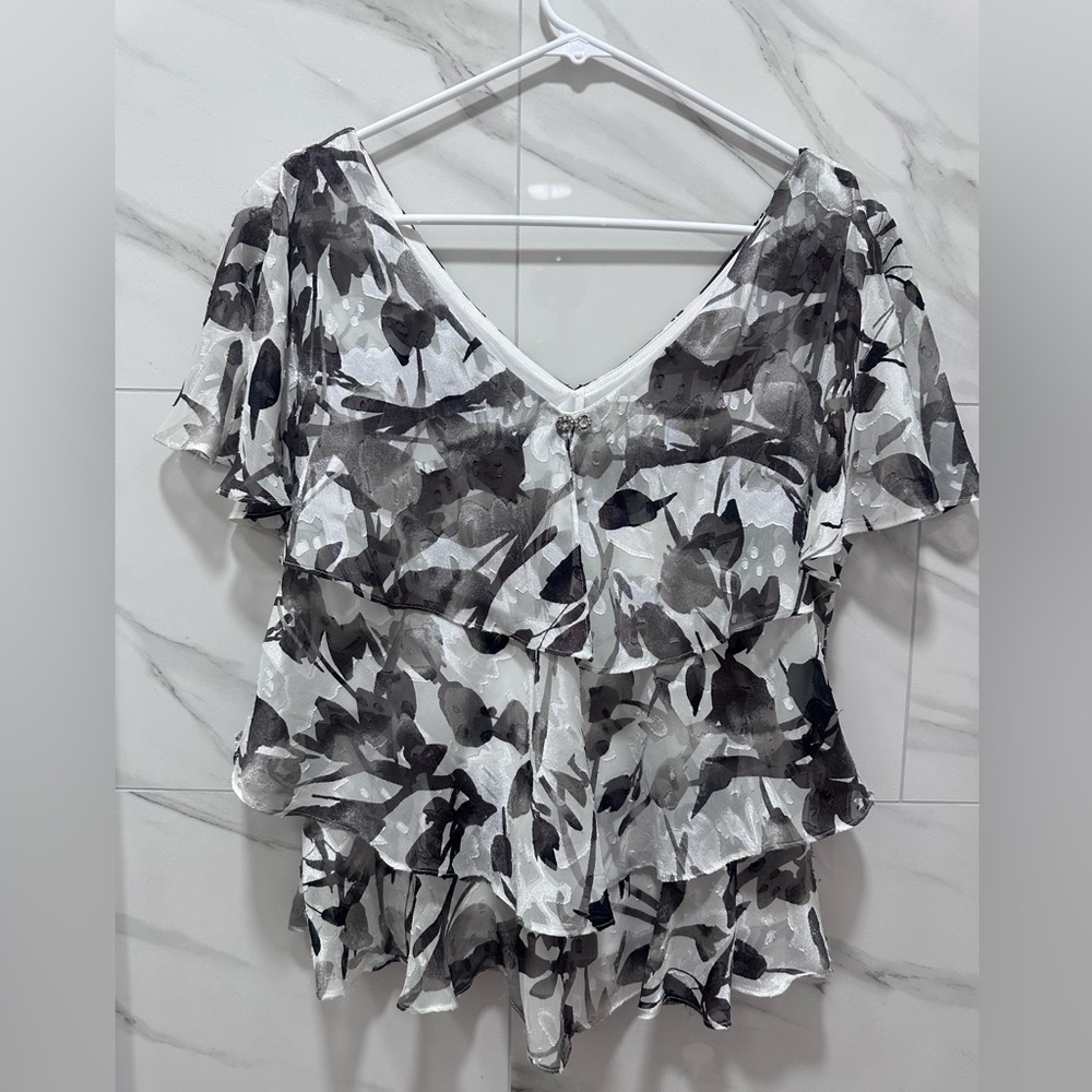 ALEX EVENINGS Blouse Womens Elegant Top Floral Romantic Short Sleeve Layered XLP